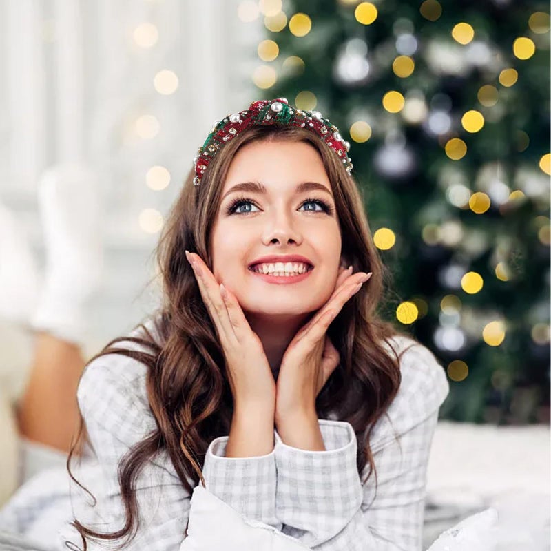 AMCAMI Christmas Headbands for Women Green Checkered Pearl Rhinestone Headband Top Knot Jeweled Wide Headband Hair Accessories Christmas Family Outfits Gifts - Image 3